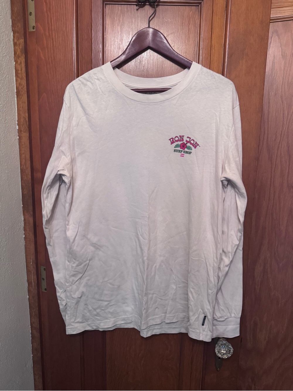 Billabong Long Sleeve Tee in Light Cream with Small Pink & Green Chest Logo